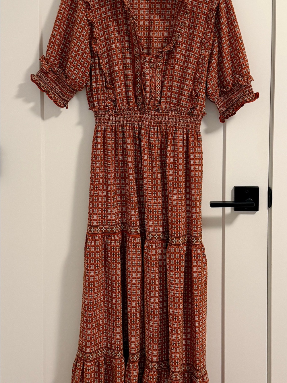 Max Studio Rust Printed Smocked-Tier Maxi Dress